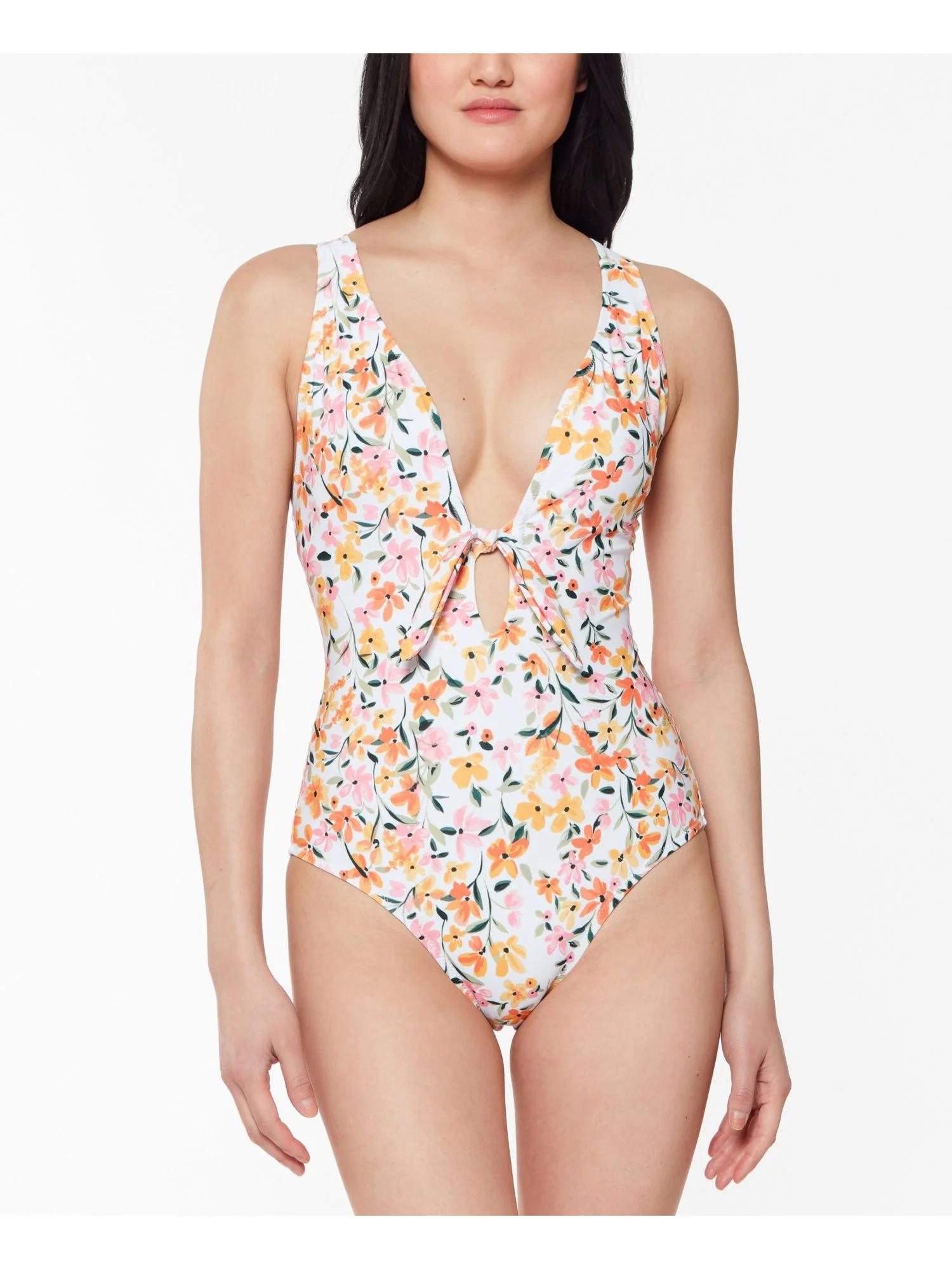 JESSICA SIMPSON Women's White Floral Stretch Removable Cups Lined Keyhole Deep V Neck Tie Summer ... | Walmart (US)