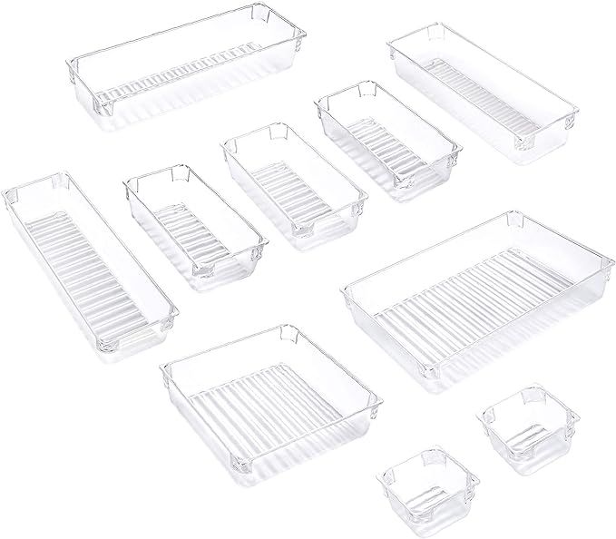 IPOW 10-Piece Desk Drawer Organizer Trays with 5 Different Sizes Clear Plastic Organizer Bins Dra... | Amazon (US)