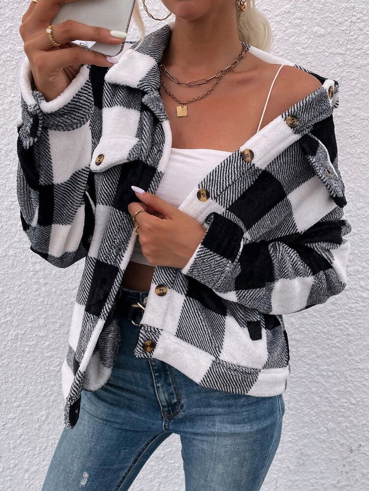 Buffalo Plaid Pattern Slant Pockets Flannel Jacket | SHEIN