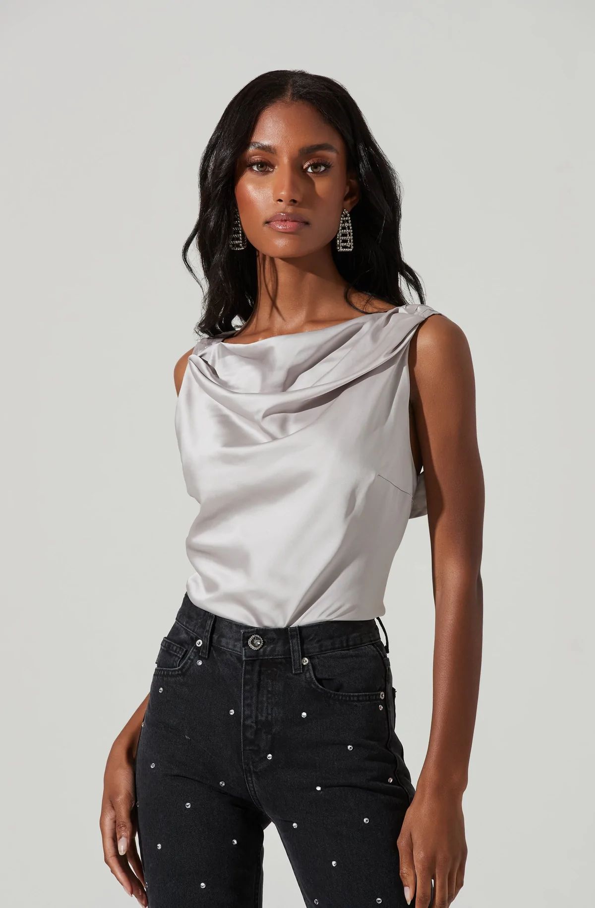 Brisia Satin Cowl Neck Rhinestone Embellished Top | ASTR The Label (US)