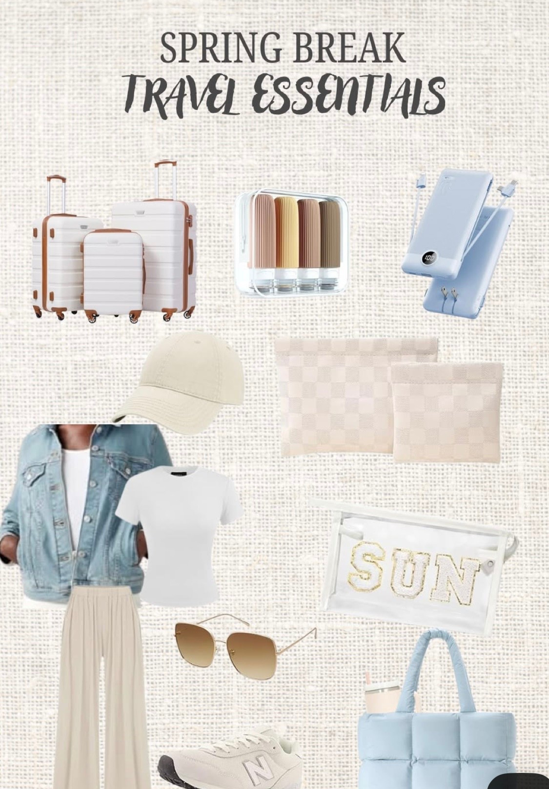 Spring break travel essentials ✈️🌴 everything I’m packing to stay comfy, organized, and cute on the go 🤍

• Neutral luggage set = easy to spot + durable
• Leak-proof travel bottles = no mess in your bag
• Portable charger = a MUST for long travel days
• Comfy airport outfit = lightweight + effortless
• Pouches + tote = keeps everything organized

Perfect for beach trips, weekend getaways, or airport days when you still want to look put together ✨

Shop all my travel favorites here 🤍


#travelessentials #springbreakstyle #airportoutfit #travelmusthaves #amazonfinds #traveloutfit #neutralstyle
