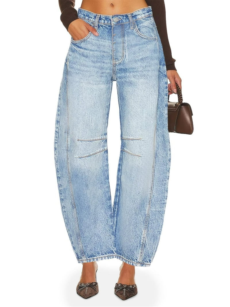 Women's  Mid Rise Baggy Boyfriend Jeans Vintage Wide Leg Barrel Denim Ankle Pants | Walmart (US)