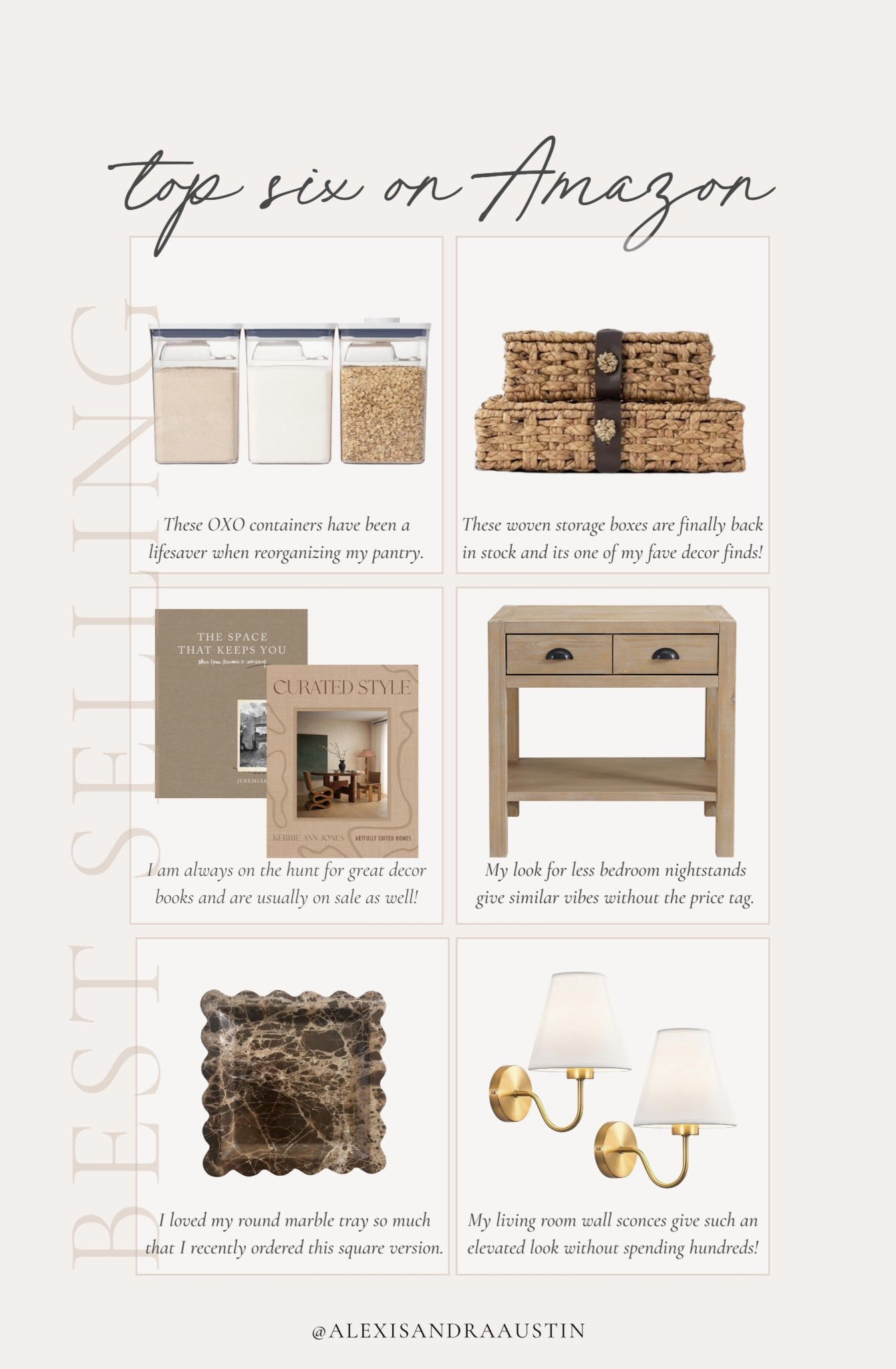 This week’s top six best selling items on Amazon! From my most loved woven boxes to these great look for less nightstands - find all of my new and favorite Amazon items here.

Home finds, neutral home inspo, living room refresh, bedroom refresh, found it on Amazon, best sellers, neutral home decor, furniture favorites, oxo container, brass wall sconces, marble tray, woven wicker storage box, neutral decor book, look for less, nightstand details, shop the look!

#LTKSeasonal #LTKHome