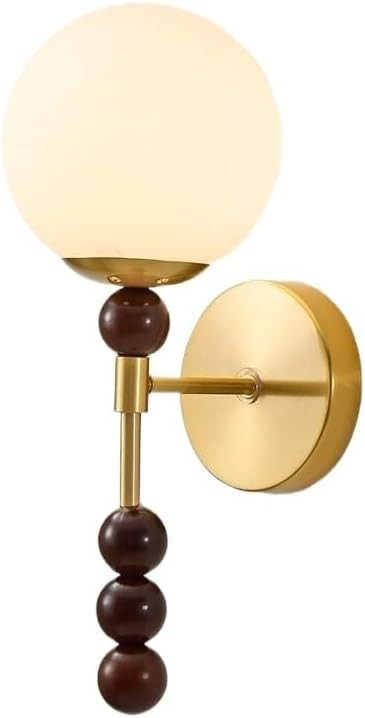 Mid-Century Walnut Wood Beads Wall Lamp Modern Milk White Glass Shade Wall Sconce Vintage Iron Wa... | Amazon (US)