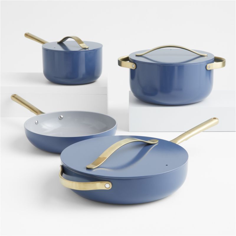 Caraway Home Sapphire 7-Piece Ceramic Non-Stick Cookware Set with Gold Hardware | Crate & Barrel | Crate & Barrel