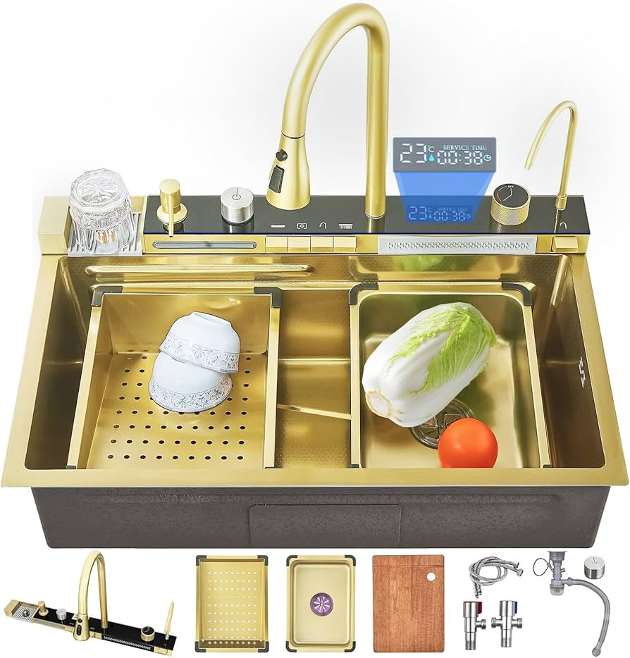 33.5" Gold Smart digital display waterfall sink, 304 Stainless Steel Modern kitchen sink with 5 W... | Amazon (US)