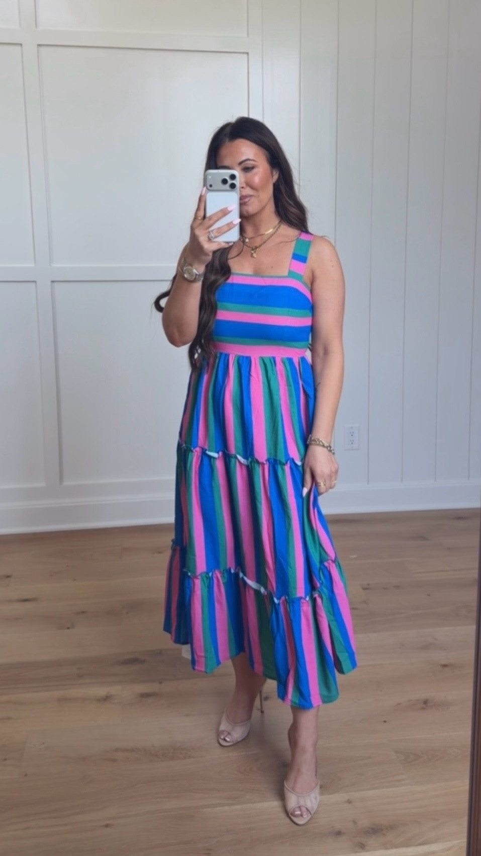 This colorful striped maxi is EVERYTHING—bright, fun, and so flattering with the prettiest flowy fit 🙌
The mix of pink, blue + green makes it perfect for vacation, brunch, or any summer plans

Paired it with simple nude heels to let the dress do all the talking 🤍

If you’ve been wanting an easy statement dress that still feels comfy and effortless… this is it

Trust me, this one’s going straight into your favorites 💖