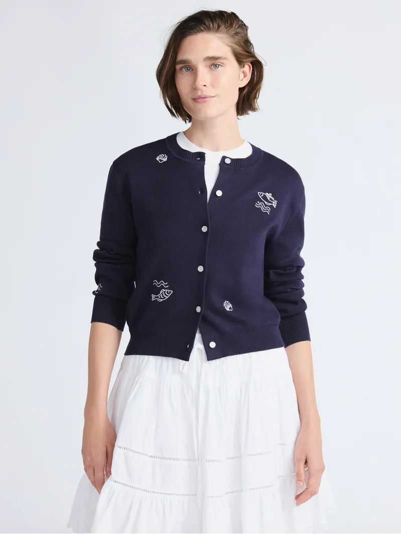 Free Assembly Women's and Women's Plus Embroidered Shrunken Cardigan Sweater, Sizes XS-4X | Walmart (US)