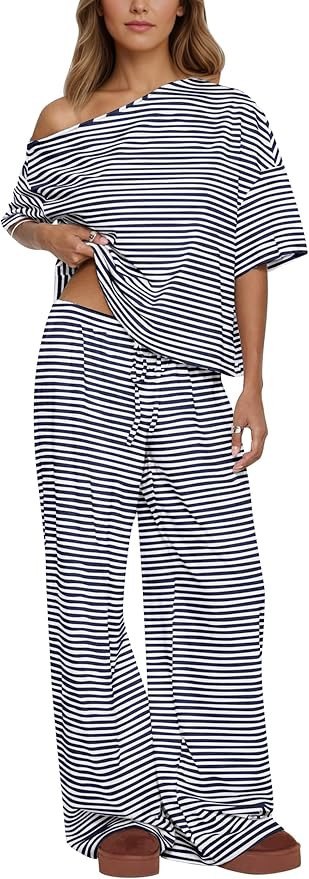 MISSACTIVER Women’s 2 Piece Striped Lounge Set Comfy Off Shoulder Shirts Drawstring Pants Match... | Amazon (US)