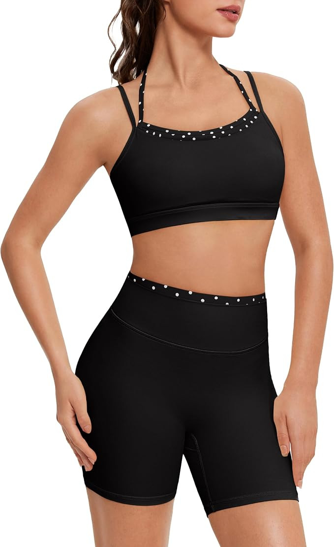 OMKAGI Workout Sets for Women Cute Doubel Layer Open Back Sports Bras Gym Shorts Outfits | Amazon (US)