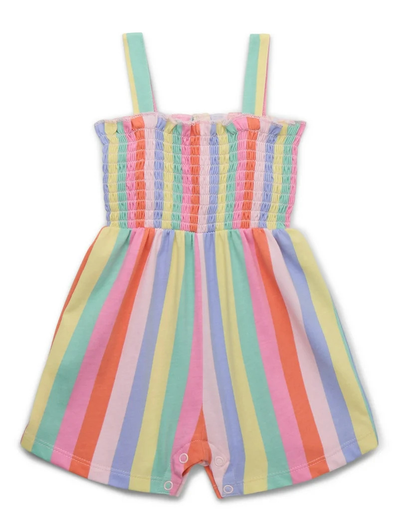 Garanimals Baby Girls Rainbow Stripe Smocked Romper, Sizes 0M-24M | Walmart (US)