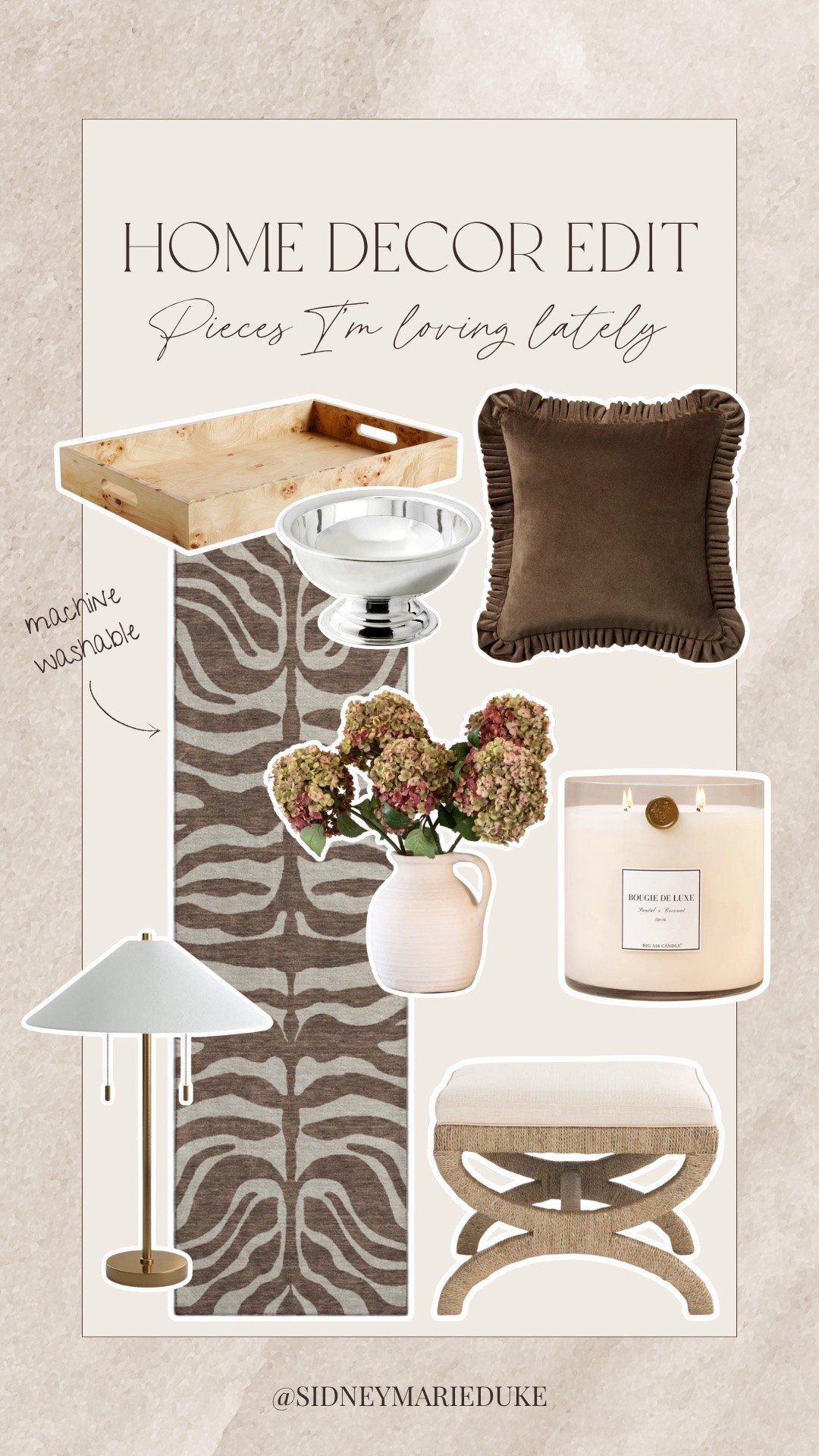 A few home decor pieces I’m loving lately🤎 So many good finds for adding a little warmth + texture to your space!





Home decor, fall, seasonal, neutral, animal print, zebra, washable rug, ottoman, runner, lamp, scented candle, throw pillow, sidneymarieduke 

 #LTKHome