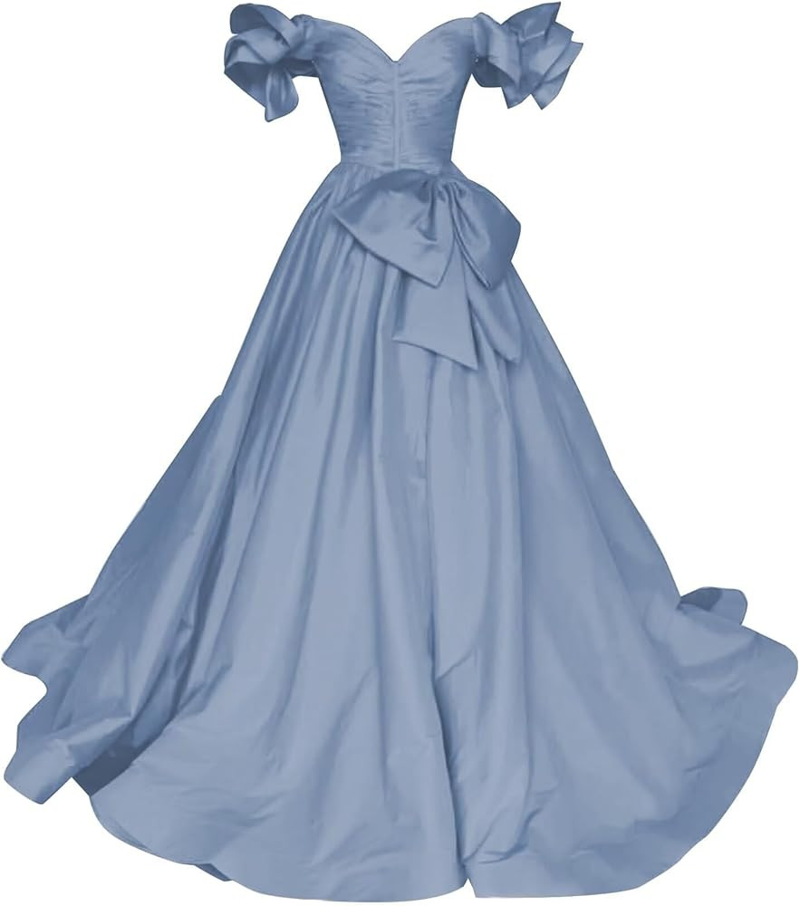 A Line Off Shoulder Prom Dresses for Women Long with Bow Satin Puffy Sleeves Ball Gowns with Trai... | Amazon (US)