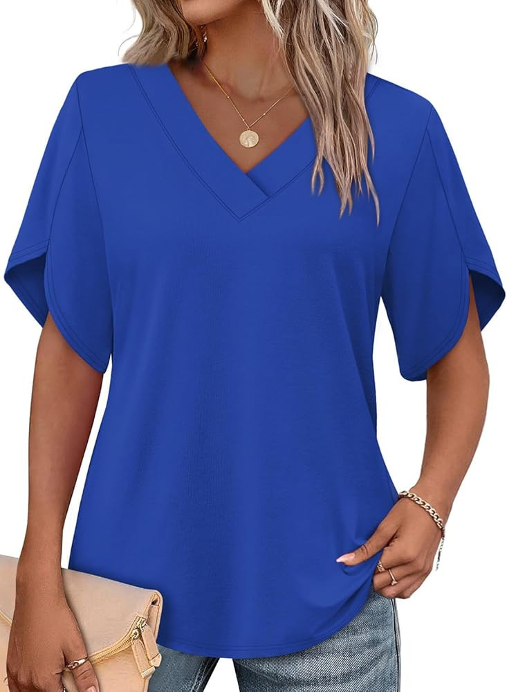 WIHOLL Womens Summer Tops Short Petal Sleeve Shirts Fashion V Neck Outfits Clothes | Amazon (US)