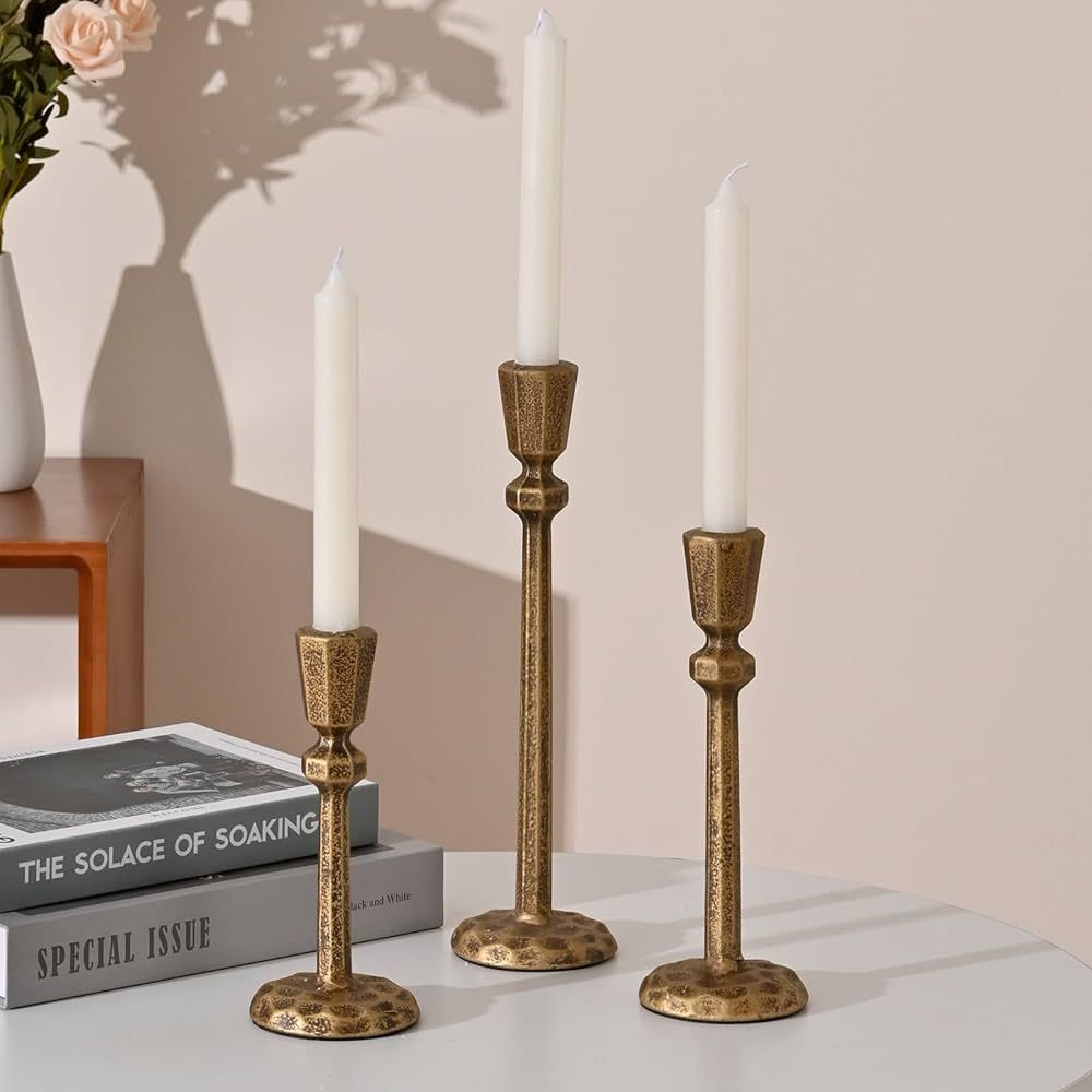 Amazon.com: Vincidern Gold Taper Candle Holders Set of 3, Antique Brass Candlestick Holder for Ma... | Amazon (US)