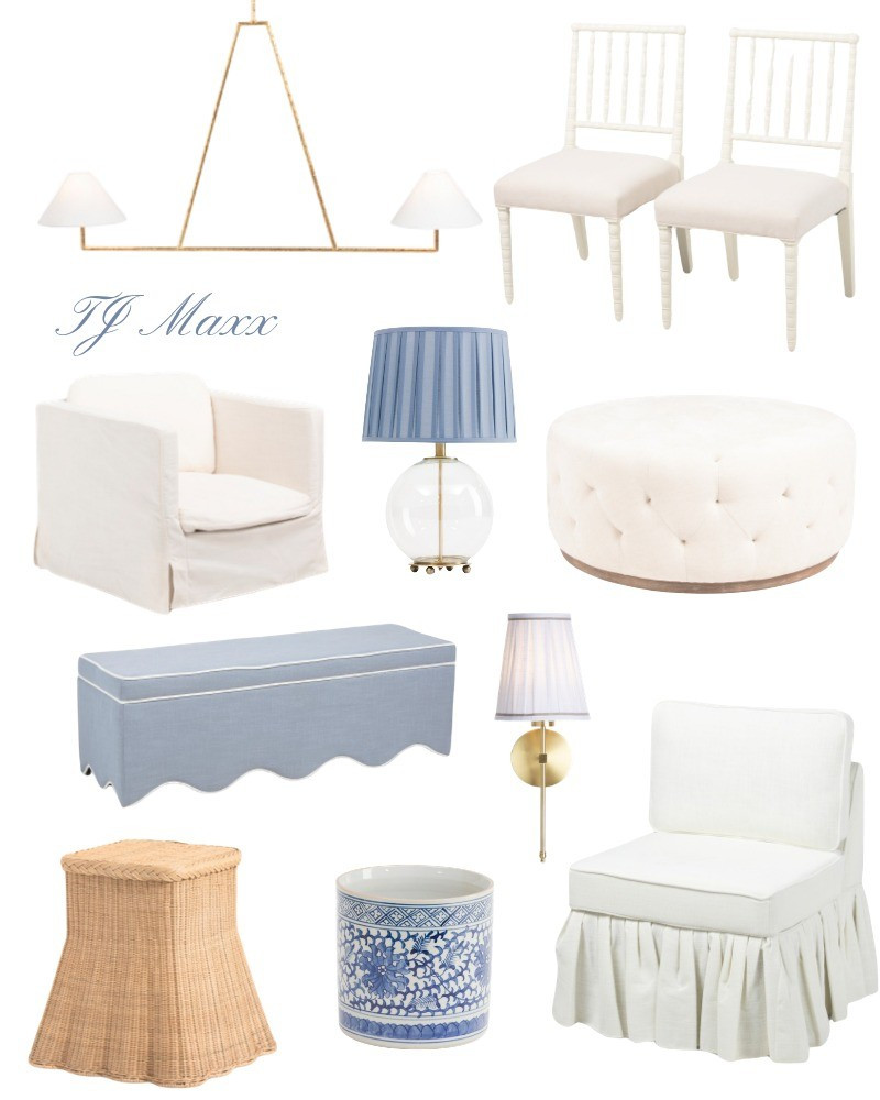 TJ Maxx designer finds on sale, seating, swivel chair, blue bench, woven, french, blue and white, brass, lighting, kitchen, living room, tufted ottoman, pleated lamp.

#LTKHome #LTKSaleAlert
