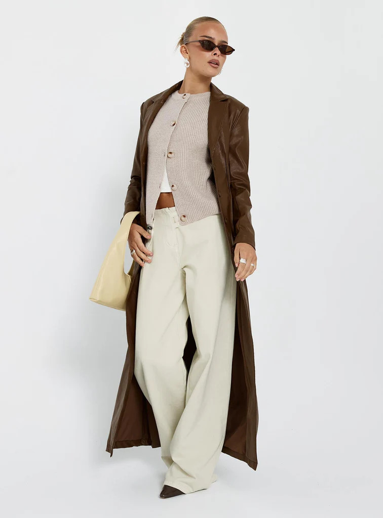 Speak Easy Long Line Faux Leather Coat Brown | Princess Polly AU