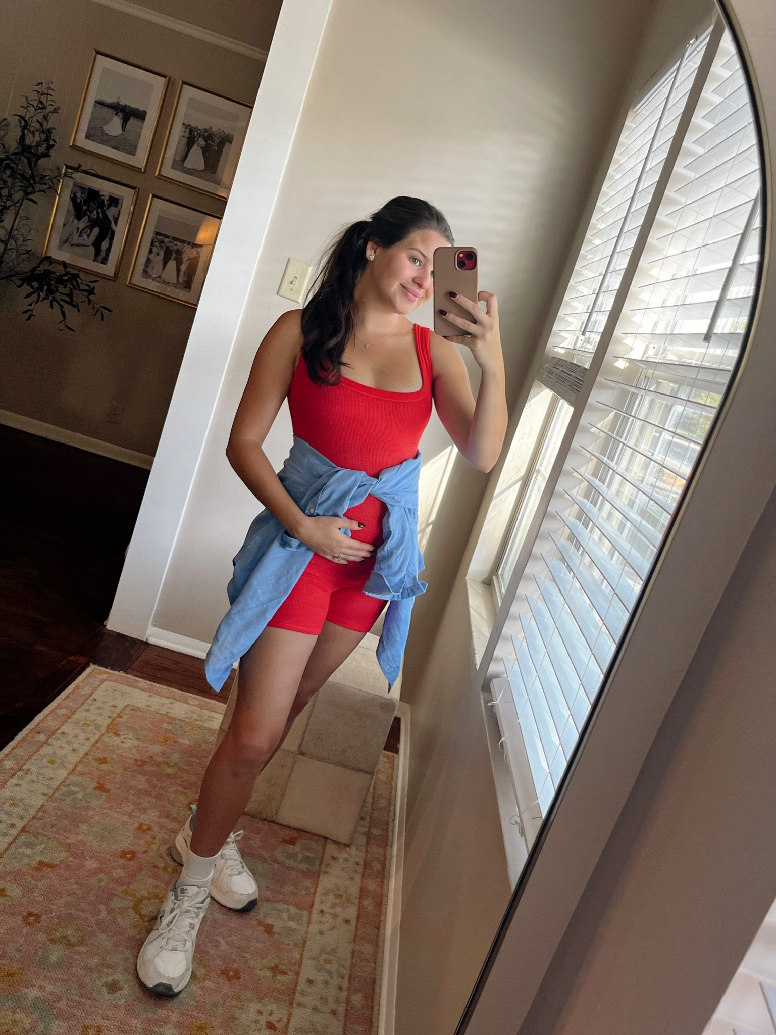 Fiery red is a HOT color for fall! SKIMS has the absolute best bodysuits in my opinion. They are comfortable but firm enough to give you shape. This red was a limited addition but I have tagged some other red options plus this exact suit which comes in a few colors right now! I’m wearing a size XS but will start sizing up to S. 

Skims, fits everybody bodysuit, ribbed bodysuit, red, new balance sneakers, pregnancy, athlesiure, fall color trend, bodysuit with shorts 

#LTKfitness #LTKstyletip #LTKfindsunder100