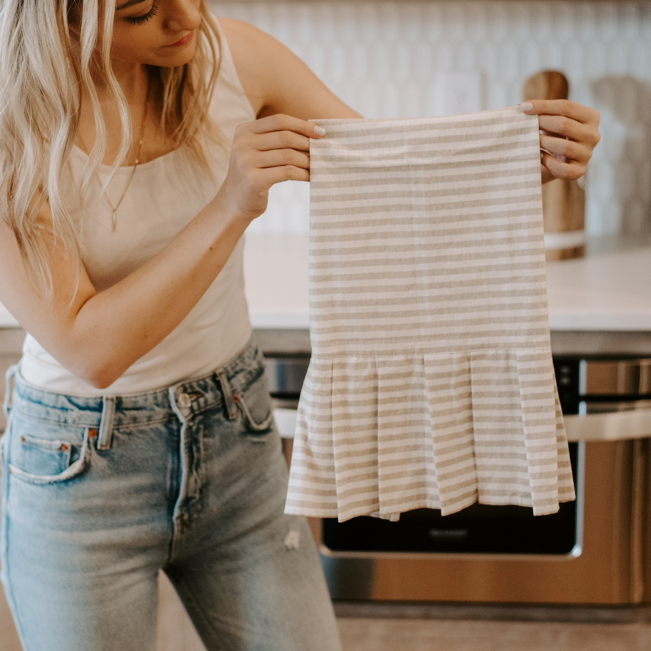Striped Tea Towel with Ruffle - Tan | Sweet Water Decor, LLC