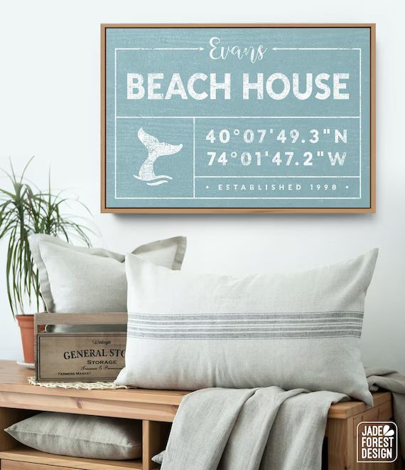 Blue BEACH HOUSE Sign Personalized Last Name Canvas for | Etsy | Etsy (US)