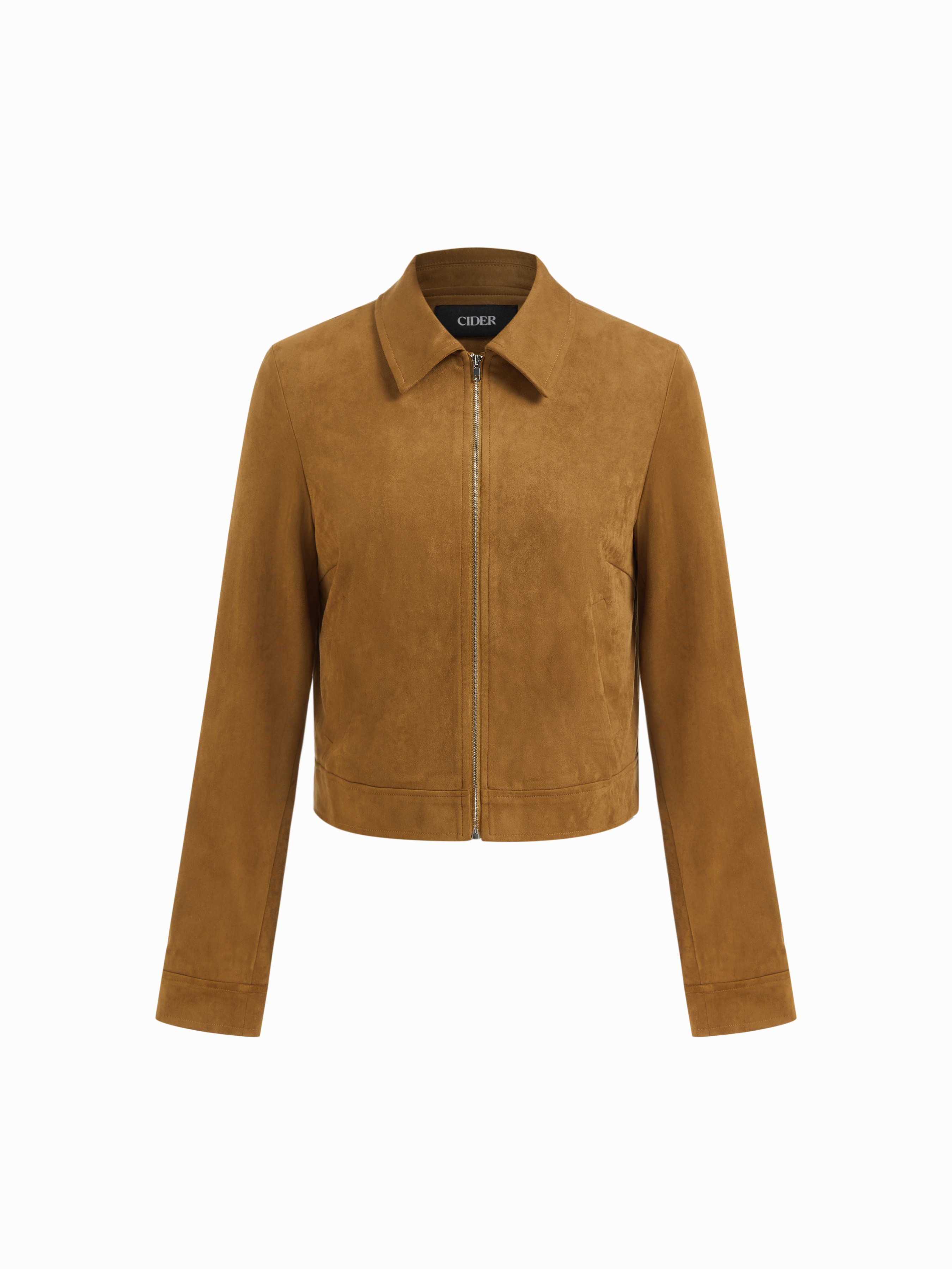 Suede Suede Collar Zip Through Long Sleeve Jacket For Daily Casual | Cider