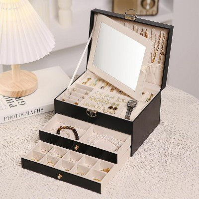 3-Layer Pink Jewelry Box with Lock & Mirror, 2-Drawer PU Leather Organizer & Display Case for Necklaces, Rings, Gift for Women Black | Target