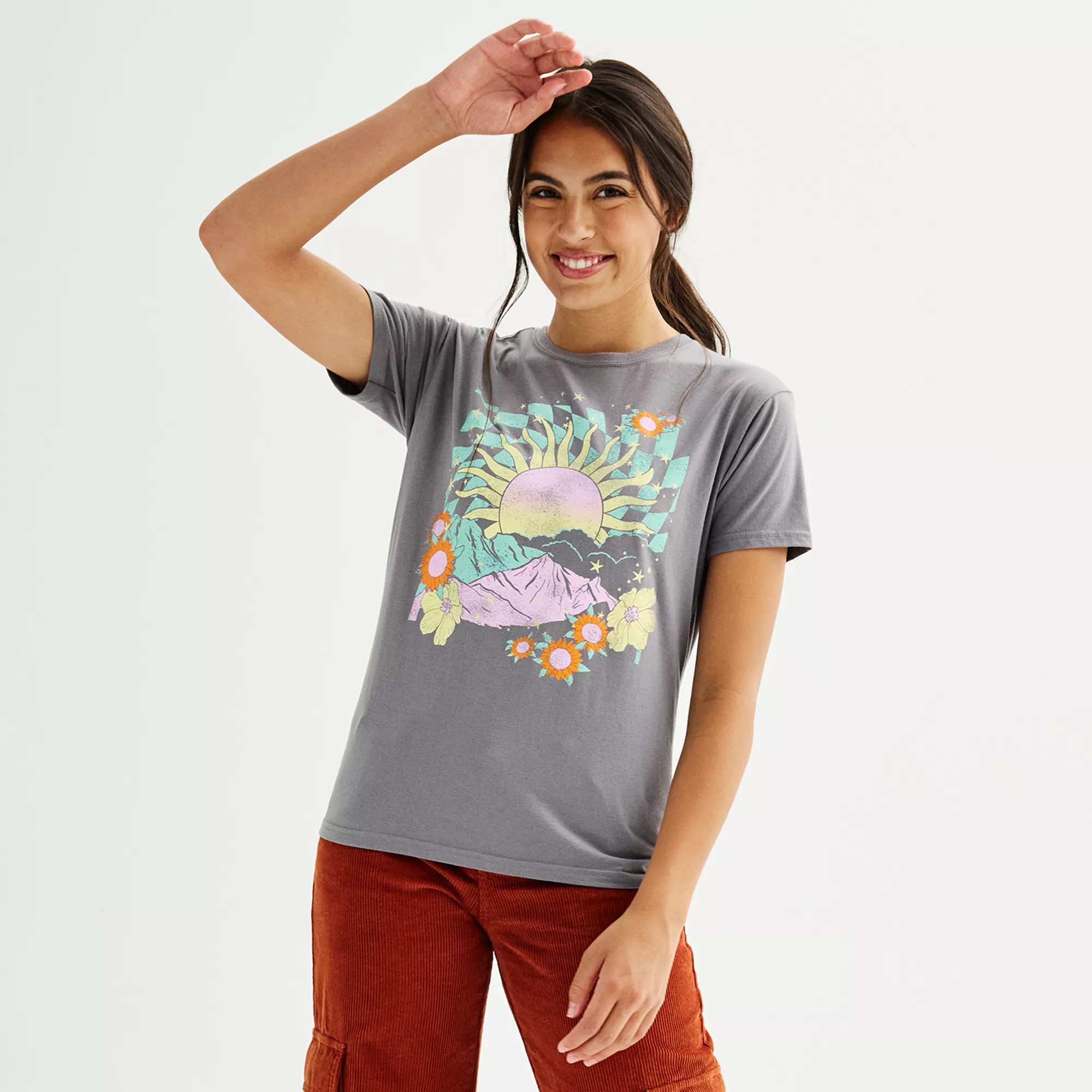 Juniors' Checkered Mountain Sunset Graphic Tee | Kohl's