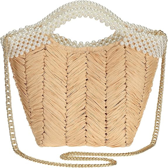 FUSMIC Women's Handbag Artificial Pearl Handle Chain Strap Straw Rattan Purse Shoulder Bag | Amazon (US)