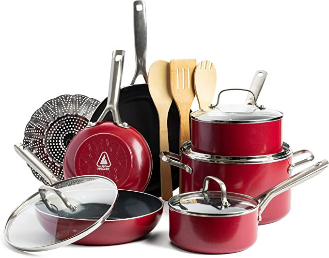 Amazon.com: Red Volcano Textured Ceramic Nonstick, 14 Piece Cookware Pots and Pans Set with Stain... | Amazon (US)