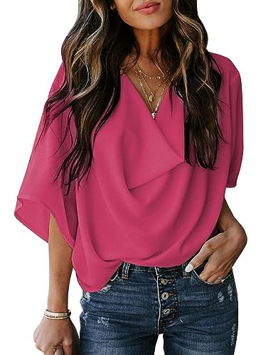 Dokotoo Blouse for Women 3/4 Sleeve Summer Tops for Women Sexy Casual V Neck Floral Print Ladies Wrap Draped Front Chiffon Shirts for Women 2025 Business Casual Outfits for Women,Rose,X-Large | Amazon (US)