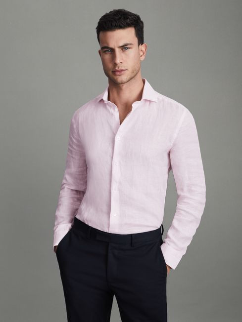 Linen Button-Through Shirt in Soft Pink Fine Stripe | Reiss US