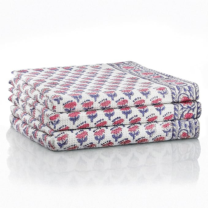 CPC Pink Sapphire Hand Block Print Waffle Kitchen Towel Set of 3-16 x28 Ultra Absorbent Quick Dry... | Amazon (US)