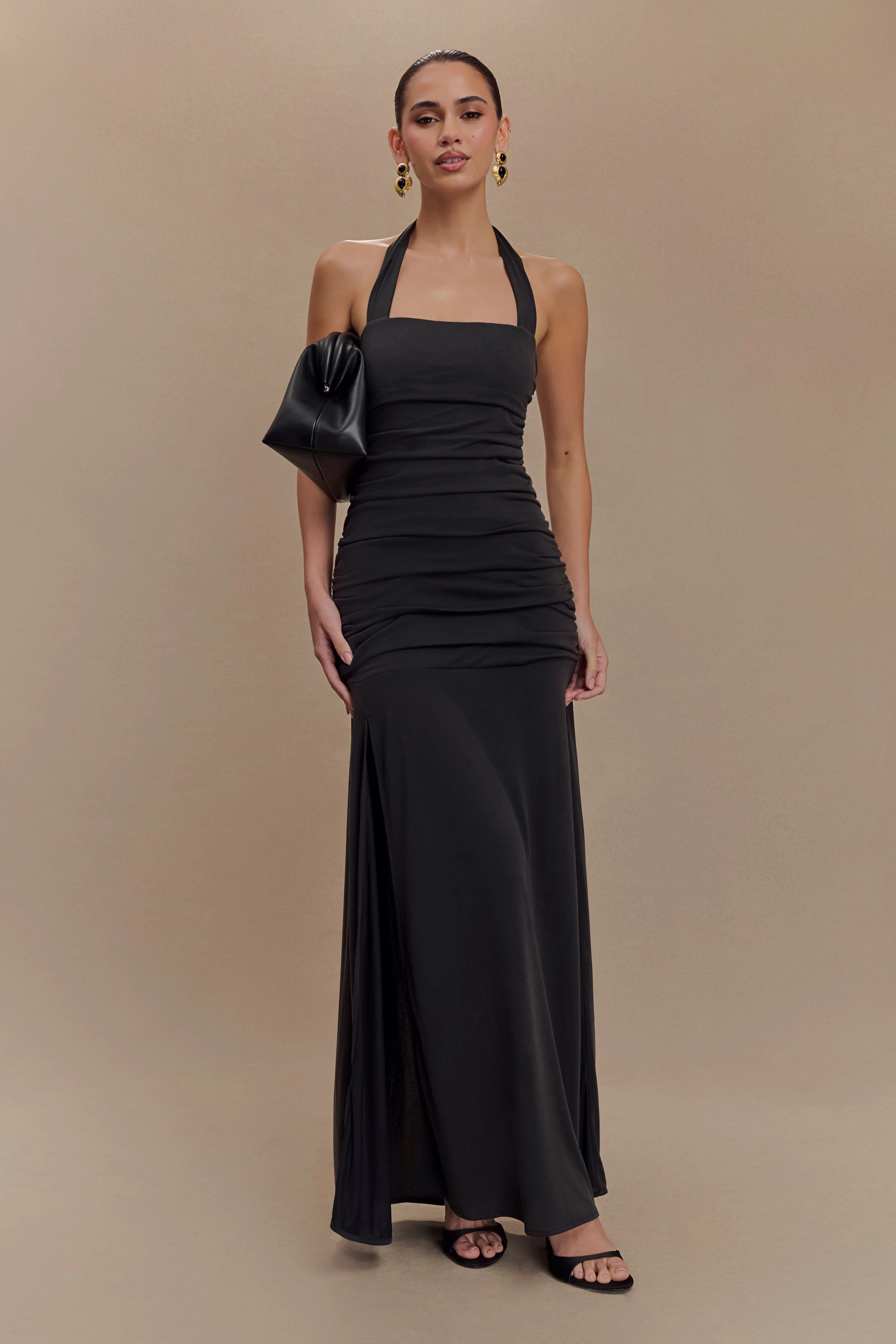 Bentley Peached Jersey Halter Maxi Dress - Black | MESHKI US