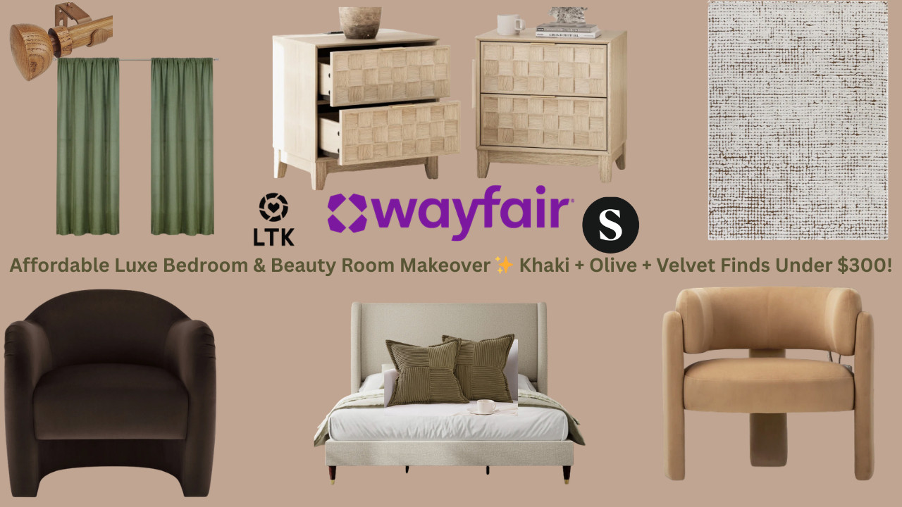 Affordable Luxe Bedroom & Beauty Room Makeover ✨ Khaki + Olive + Velvet Finds Under $300!

I’m turning my new space into a cozy, elevated sanctuary — and y’all… this $209 upholstered bed was the moment 😍
Sharing my latest home décor finds featuring khaki tones, olive accents, faux wood finishes, and rich velvet textures. This is affordable luxury done right!
Shop everything linked in my ShopMy + LTK 🤎  

My Wayfair Storefront:
https://creatorsold.io/wayfair/joycemichelleofficial/affordable-luxe-bedroom-beauty-room-makeover-khaki

ShopMy:
https://shopmy.us/shop/collections/4180159

LTK:


Belo Upholstered Platform Bed – Khaki Modern, clean-lined upholstered platform bed with a soft khaki finish. Under $250 and gives instant luxury hotel vibes.
Serenity Iron Adjustable Single Curtain Rod – Faux Wood Warm faux wood finish with iron hardware — perfect for adding contrast and depth to neutral curtains.
Better Homes & Gardens Light Filtering Linen Blend Rod Pocket Curtain – Dark Cilantro Soft linen blend panels that filter light beautifully. The dark cilantro tone adds earthy richness.
Fources 47.25'' Solid Wood Console Table – Tan Solid wood console with a warm tan finish. Ideal for entryways, behind a sofa, or styling décor moments.
Our PNW Home x Livabliss Boho Scandi High Pile Area Rug – Ivory/Brown High-pile textured rug that adds softness and subtle pattern without overwhelming the room.
33" Wide Upholstered Modern 3-Leg Barrel Accent Chair – Khaki Velvet Curved silhouette with plush velvet upholstery. Adds a chic statement without overpowering the space.
21" Modern Wood Nightstand w/ USB Charging Port (Set of 2) – Oak Functional + stylish. Clean oak finish with built-in USB charging for convenience.
Corduroy Striped Square Throw Pillow Covers (Set of 2) – Olive Green Textured olive corduroy that adds dimension and cozy depth to neutral bedding.
Terracotta Throw Blanket Warm, earthy tone that pulls together olive and khaki beautifully.
Compose Performance Velvet Accent Chair – Chocolate Brown Velvet Deep chocolate velvet statement pi 

 #Over50AndChic #HomeDecorFinds #LTKSpringSale #LTKOver40 #LTKHome