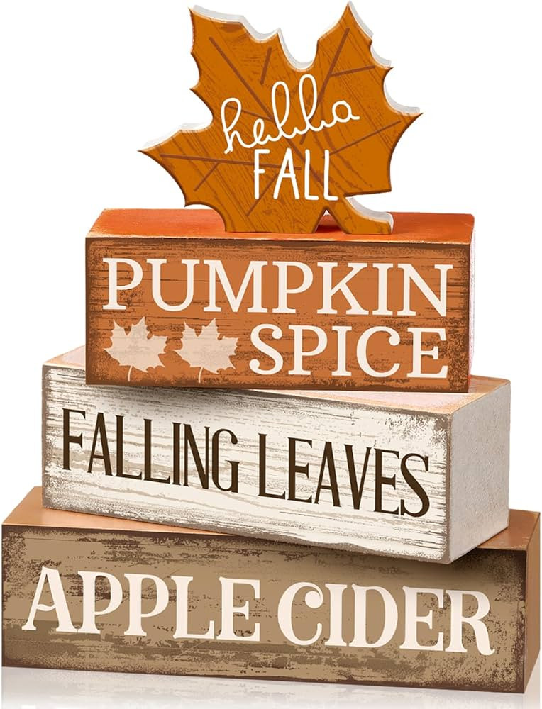 4 Pcs Fall Wooden Tabletop Decor Hello Fall Maple Leaf Decor Autumn Tiered Tray Decor Rustic Wood... | Amazon (US)