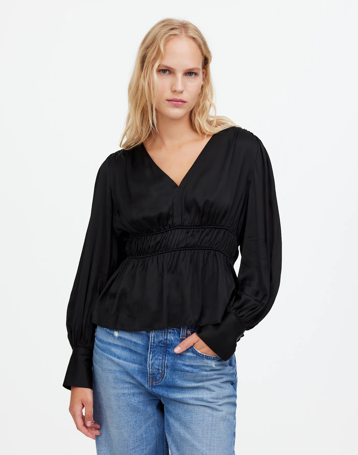 Long-Sleeve Peplum Top in Satin | Madewell