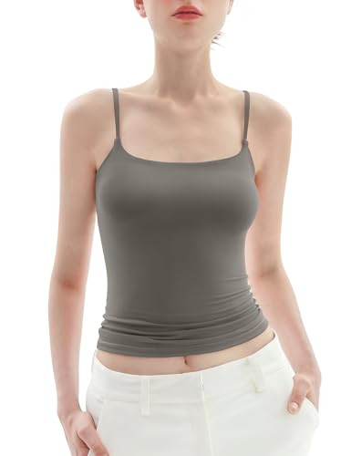 PUMIEY Womens Tank Tops Square Neck Sleeveless Tanks Spaghetti Straps Slim Fit Double Lined Sexy Going Out Tops, Elephant Grey X-Small | Amazon (US)