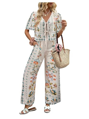 WDIRARA Women's 2 Piece Outfits Floral Print Short Sleeve Blouse Wide Leg Pants Set Boho Vacation Outfits Orange X-Large | Amazon (US)