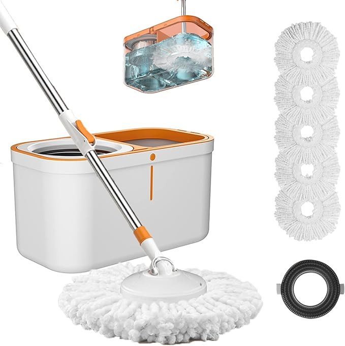 Floor Spin Mop and Bucket Set with Wringer System Extended Stainless Steel Handle 61＂for Home F... | Amazon (US)