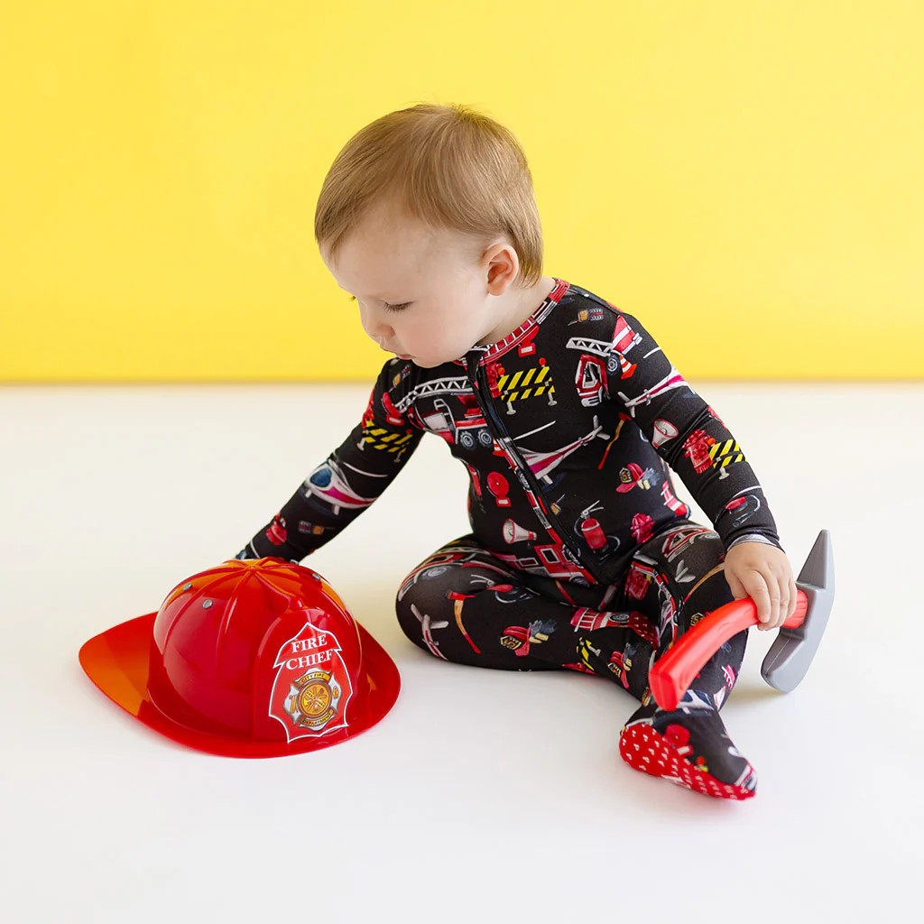 Fireman Black One Piece Baby Footie Pajamas | Firefighter | Posh Peanut