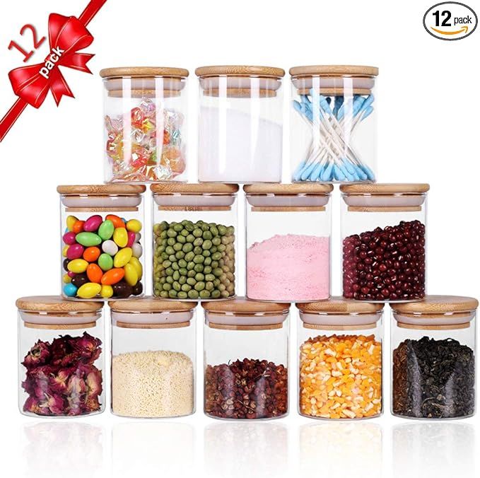 Tzerotone Glass Jars Set,Upgrade Spice Jars with Wood Airtight Lids and Labels, 6oz 12 Piece Smal... | Amazon (US)
