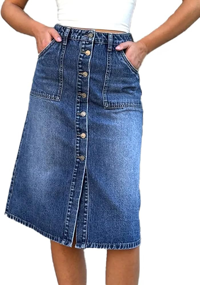 Jean Skirt for Women Denim Skirt High Waist Stretch Midi Denim Skirts with Pockets | Amazon (US)