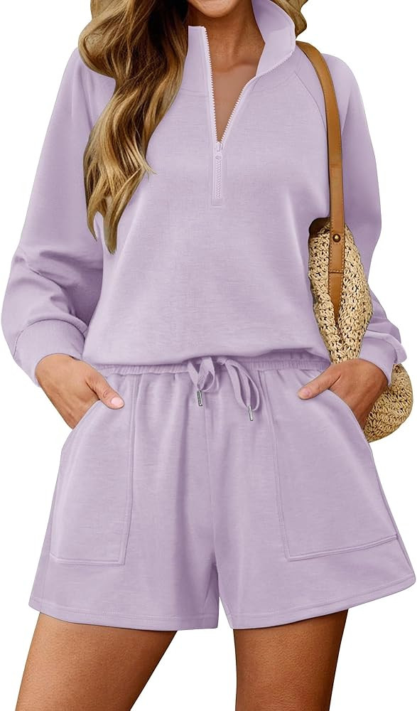 KISSMODA 2 Piece Sets for Women Sweatsuit Casual Tracksuits Long Sleeve Tops and Shorts 2025 Loun... | Amazon (US)