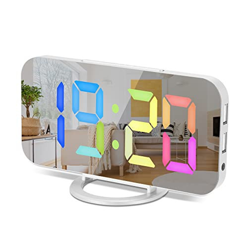 Digital Clock Large LED Display, Mirror for Makeup with Dual USB Charger Ports, Auto Dimmer Mode,Snooze, Modern Mirror Desk Wall Clock for Bedroom Home Office for All People(White-Colorful) | Amazon (US)