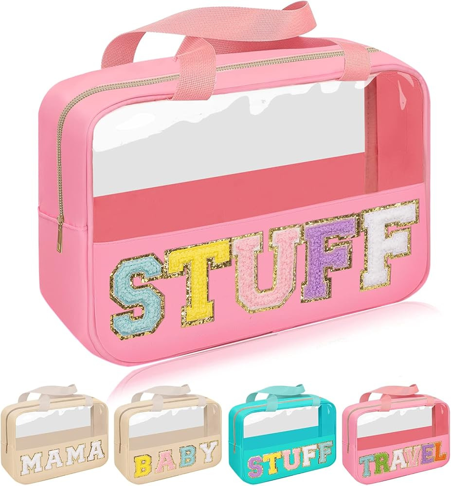 Chenille Letter Patch Stuff Bag, Preppy Clear Makeup Cosmetic Bag Large Toiletry Storage Tote Bag... | Amazon (US)