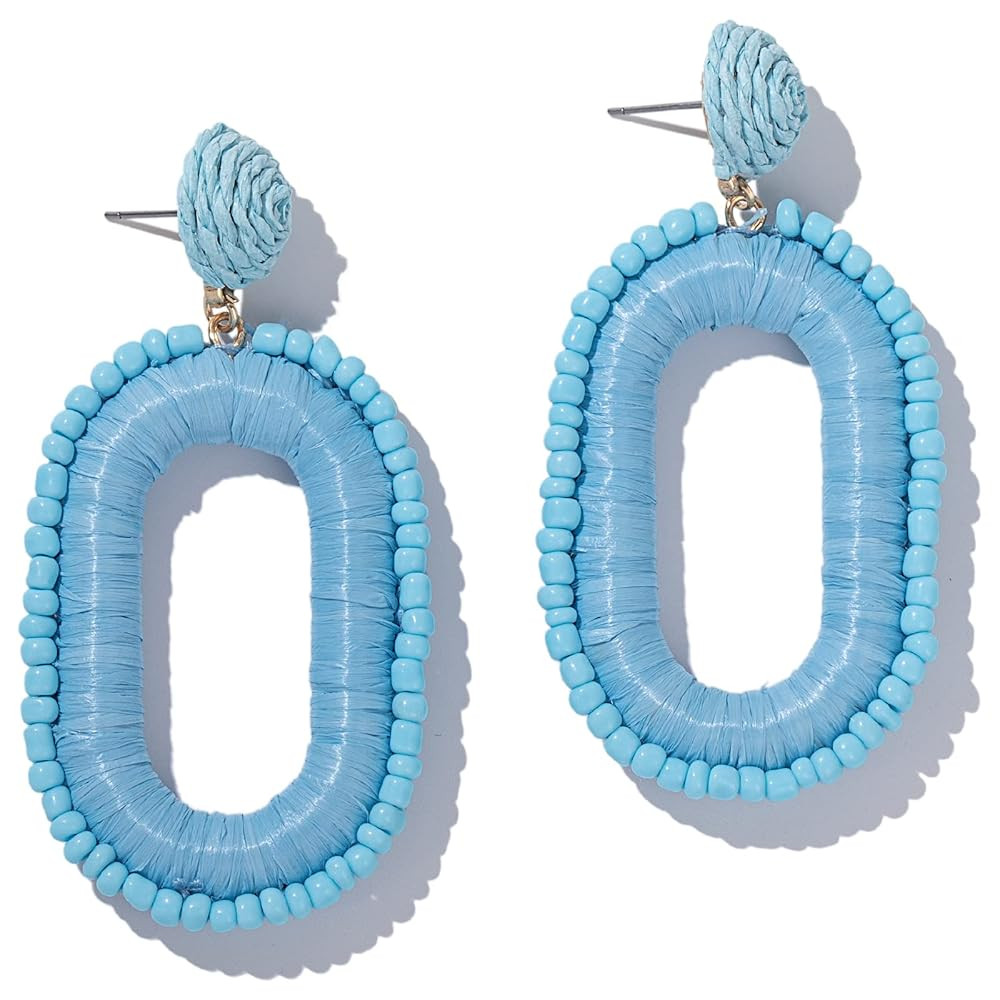 Beaded Raffia Boho Earrings - Cute Seed Bead Square Drop Dangle Earrings for Summer | Amazon (US)
