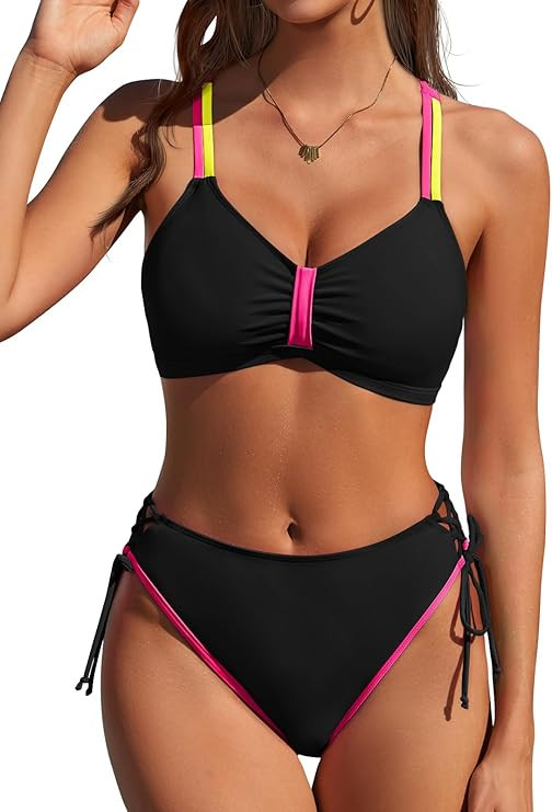 Women's Sexy Bikini Set Two Piece Swimsuit Neon Color Block Bathing Suit Adjustable Back Tie Mid ... | Amazon (US)