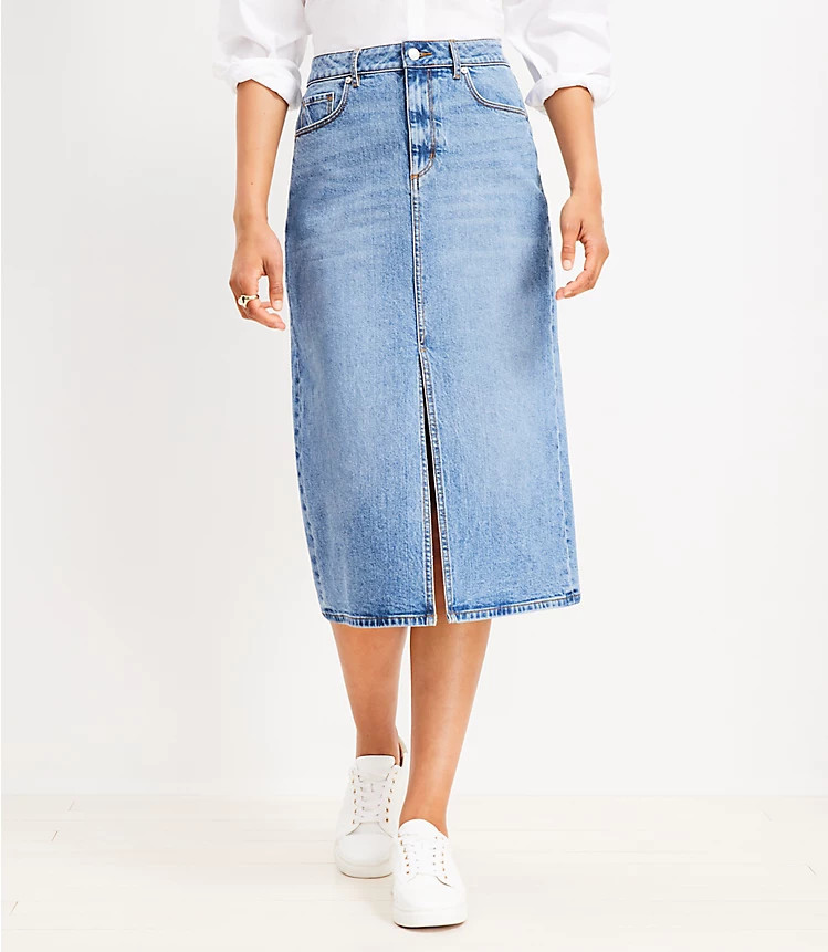 High Waist Denim Midi Skirt in Classic Mid Wash | LOFT