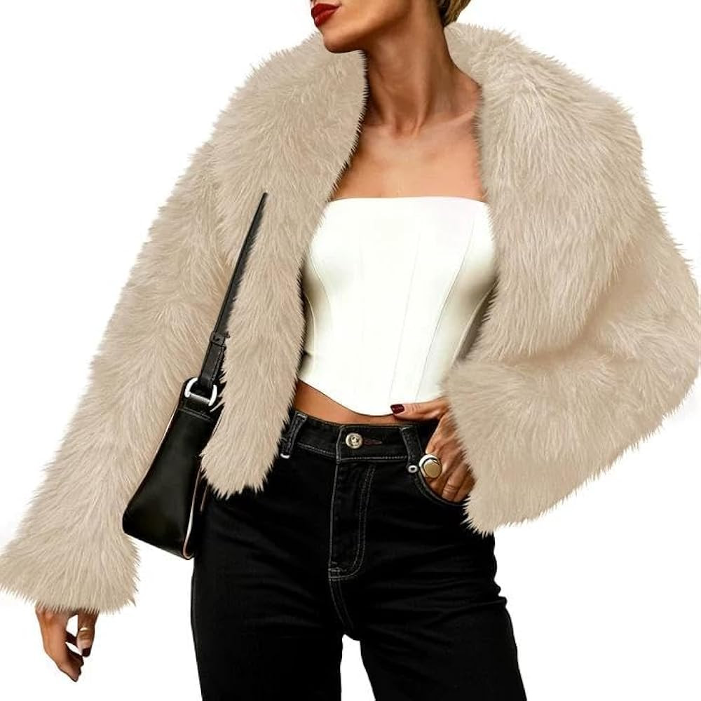 Tankaneo Womens Faux Fur Jacket Cropped Winter Fall Shaggy Coats Long Sleeve Fluffy Short Coat Fu... | Amazon (US)