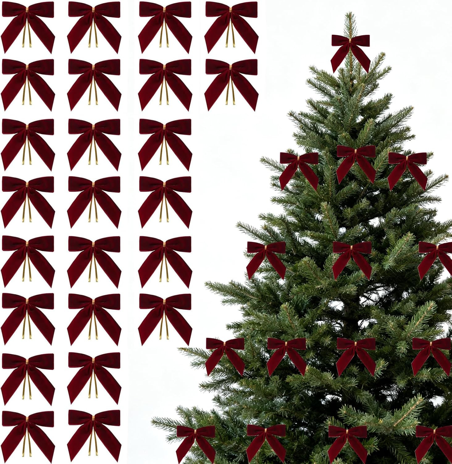 24 Pcs Burgundy Small Velvet Christmas Bows for Christmas Tree Decorations, 3.5 Inch Xmas Velvet ... | Amazon (US)